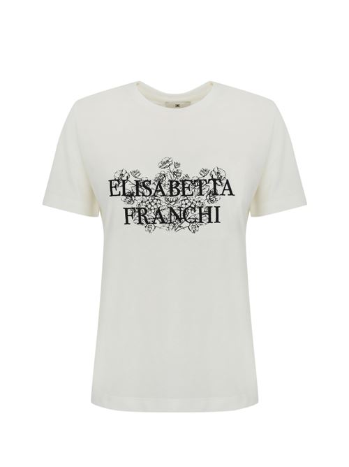 T-shirt in jersey bianco con stampa logo e ricamo Elisabetta Franchi | MA00351E2270